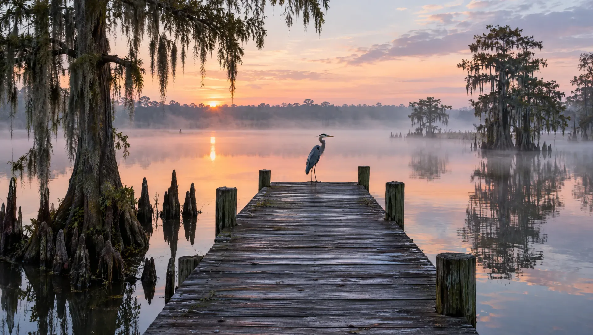 Weathered dock on a misty cypress lake at dawn with a great blue heron at the end
