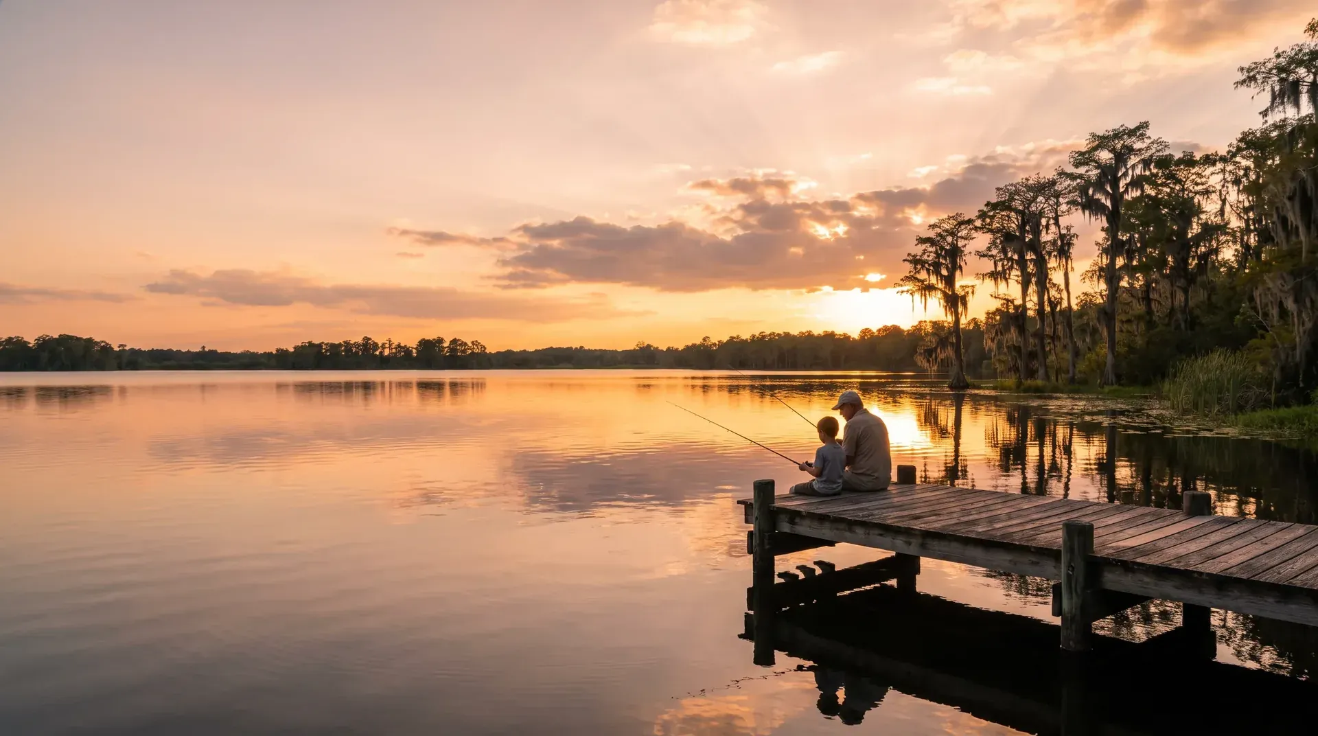 A grandfather and grandchild fishing from the end of a dock at sunset