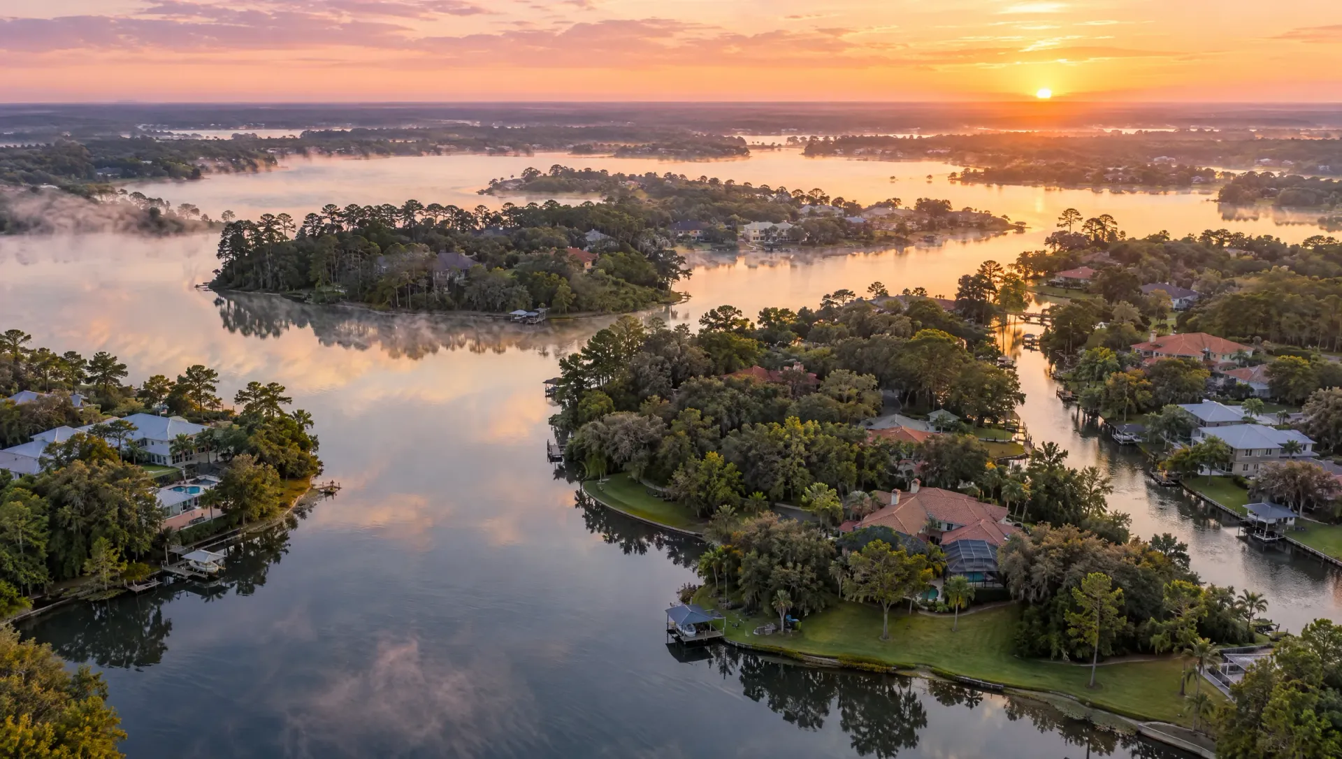 Aerial view of a Central Florida chain of lakes with homes among the trees at a misty sunrise
