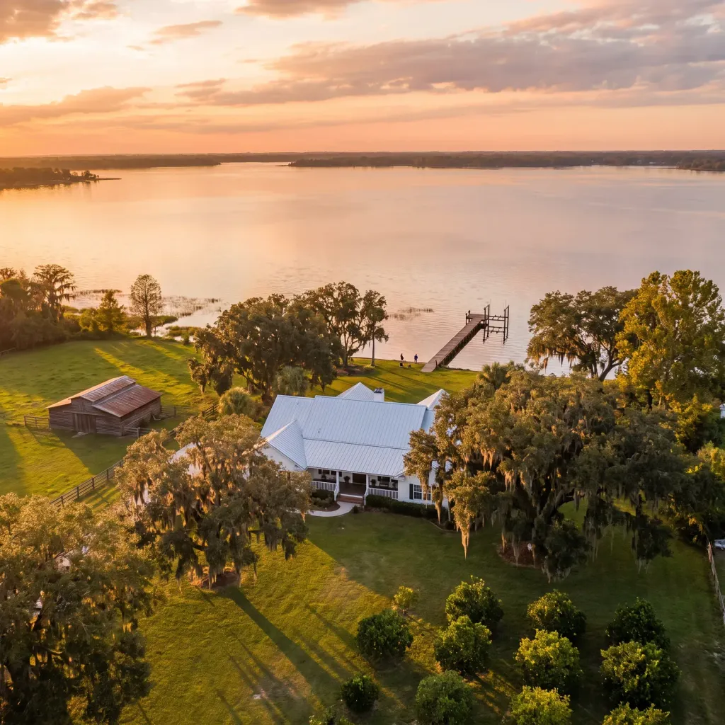 Aerial view of a lakefront family property with a home, barn, grove and dock
