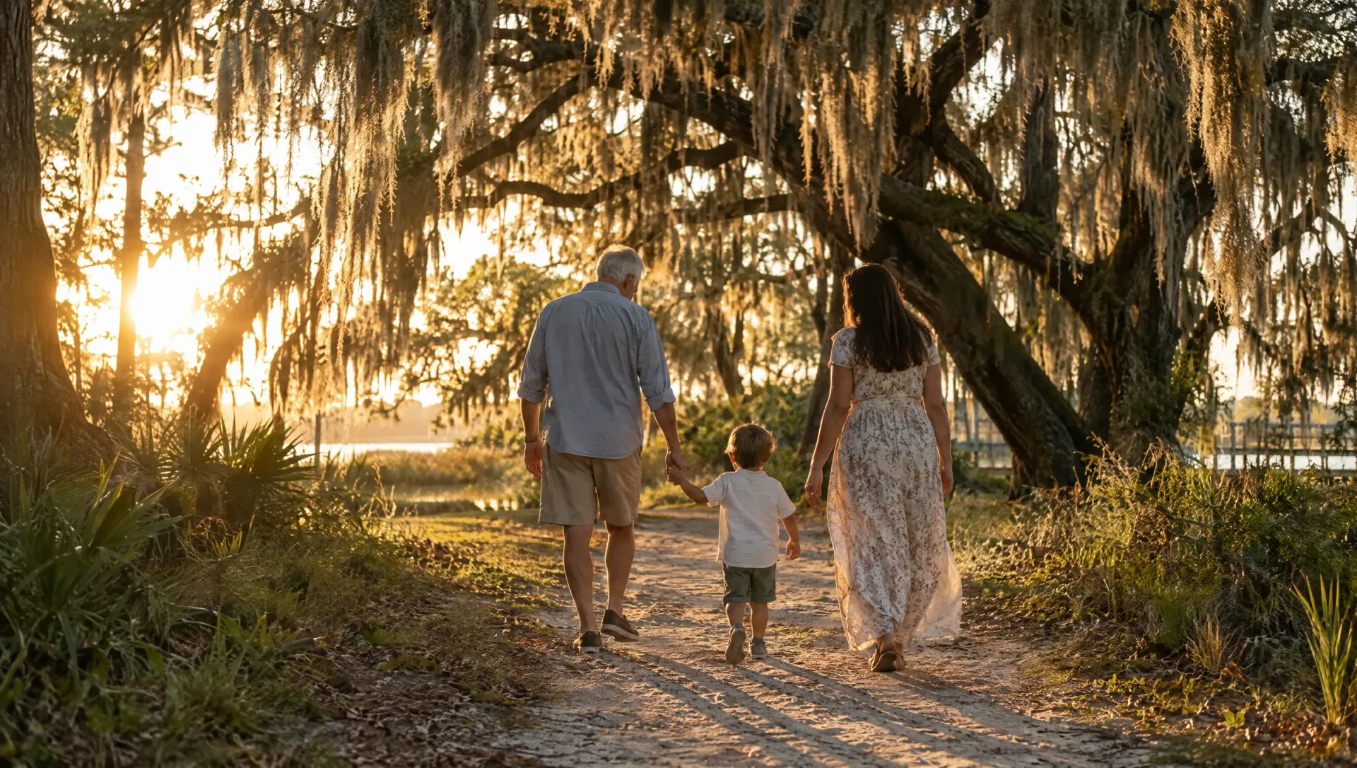 Grandfather, child and mother walk away along a sandy path under mossy live oaks at golden hour