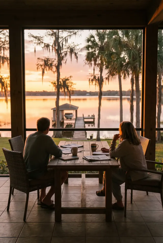 Two people talking at a lanai table overlooking a lake