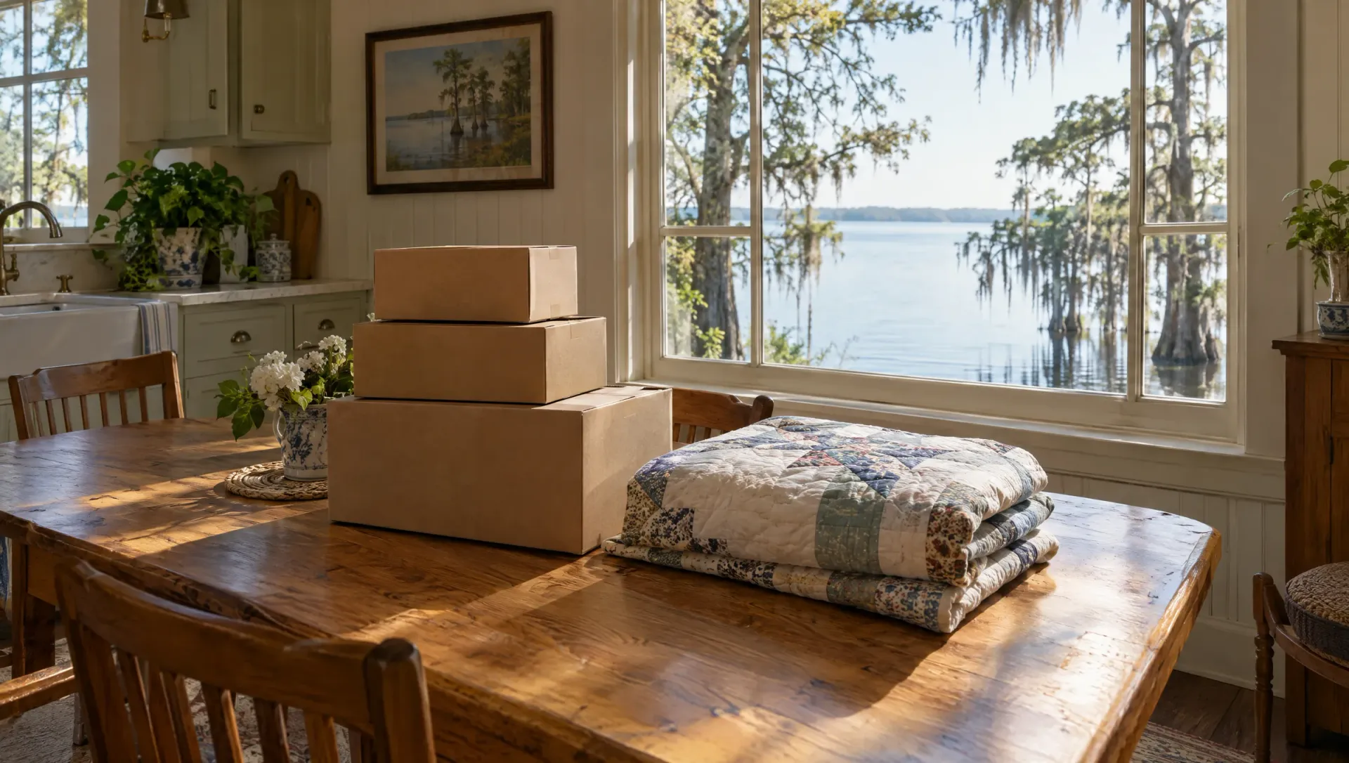 Moving boxes and a folded quilt on a farmhouse kitchen table with a window view of a cypress-lined lake