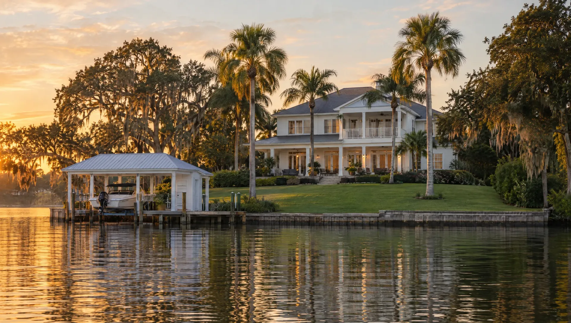 White two-story lakefront home with a boathouse and sloping lawn, seen from the water at golden hour
