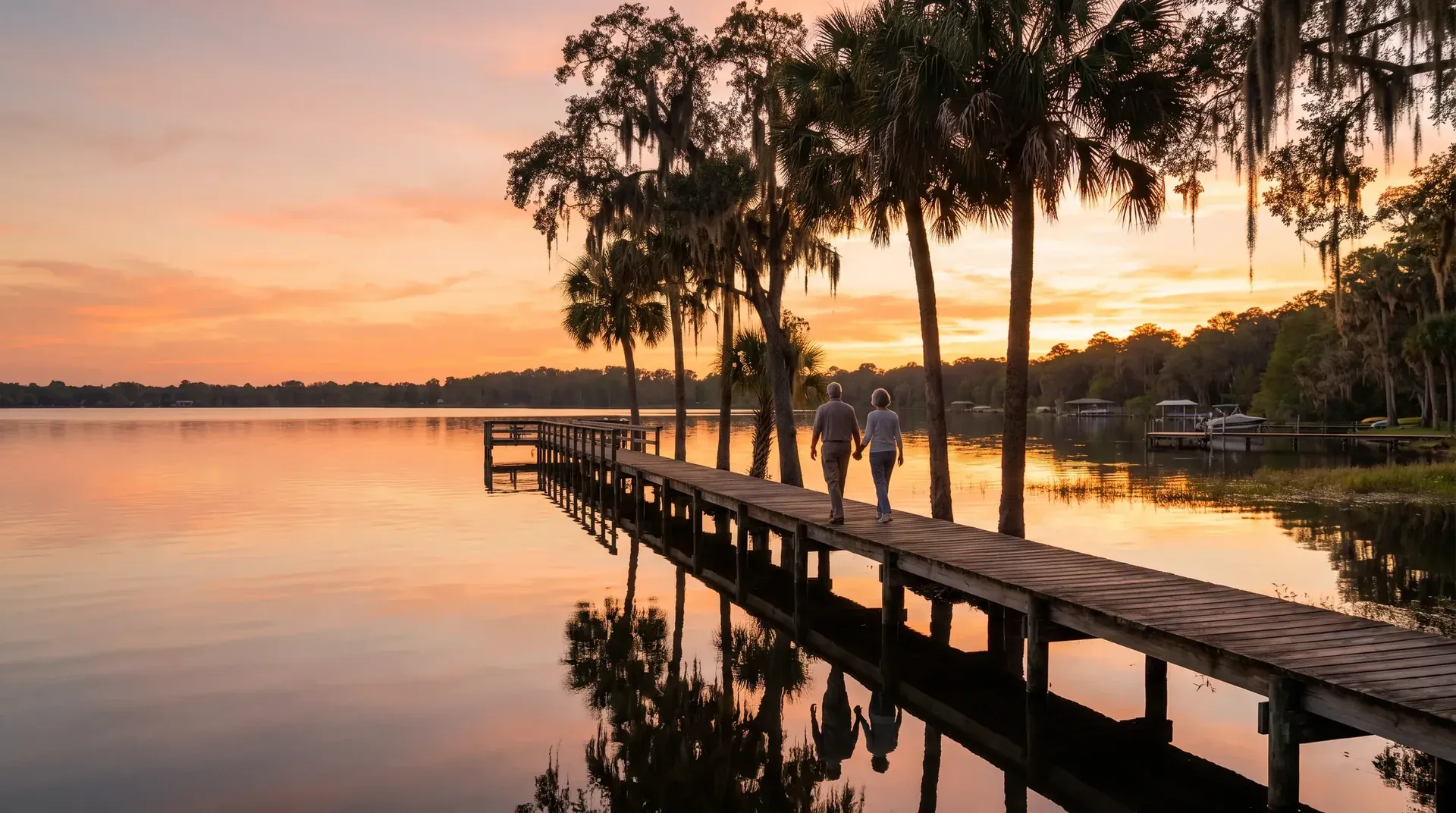 An older couple walking hand in hand on a lakeside boardwalk at sunset