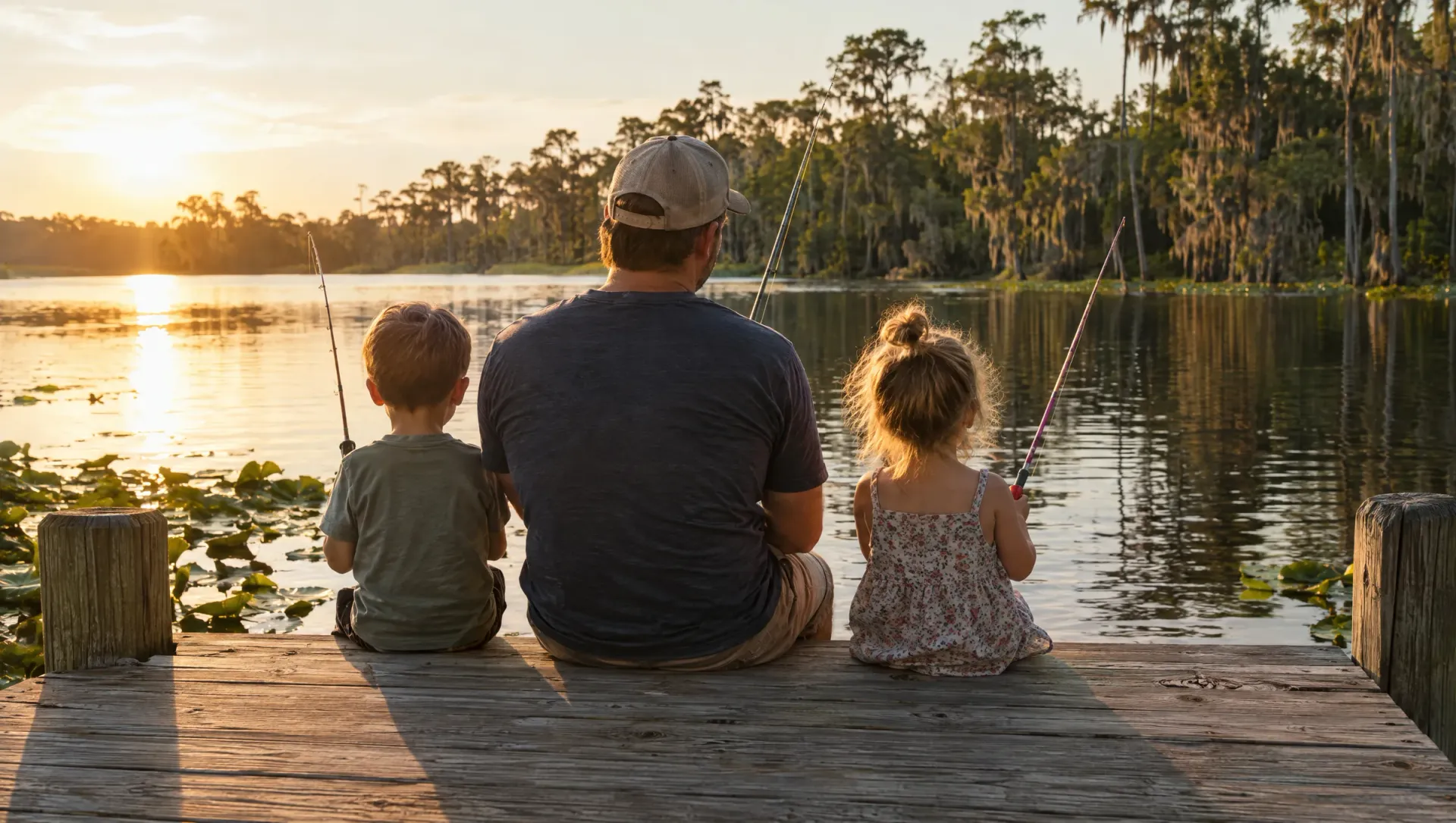 Father and two young children seen from behind fishing off a lake dock in late afternoon light