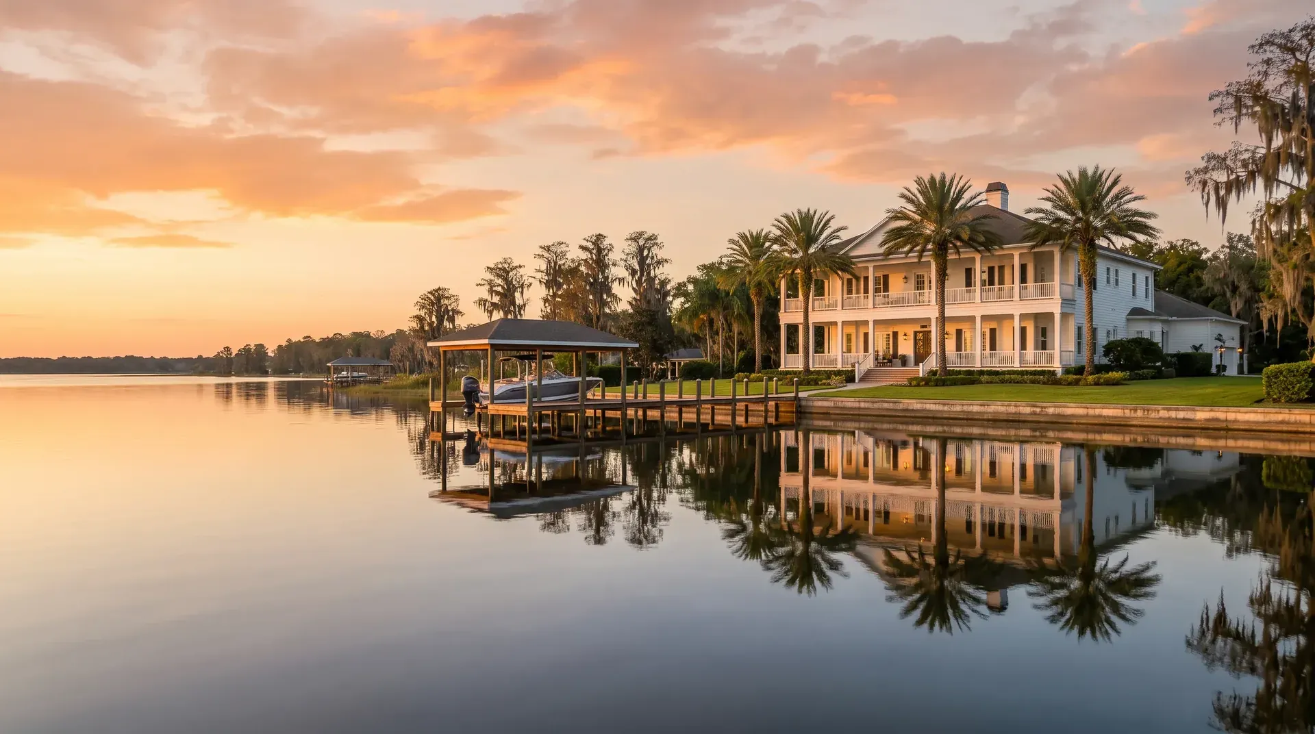 A white waterfront home with palms and a private dock and boat lift on a lake at golden hour