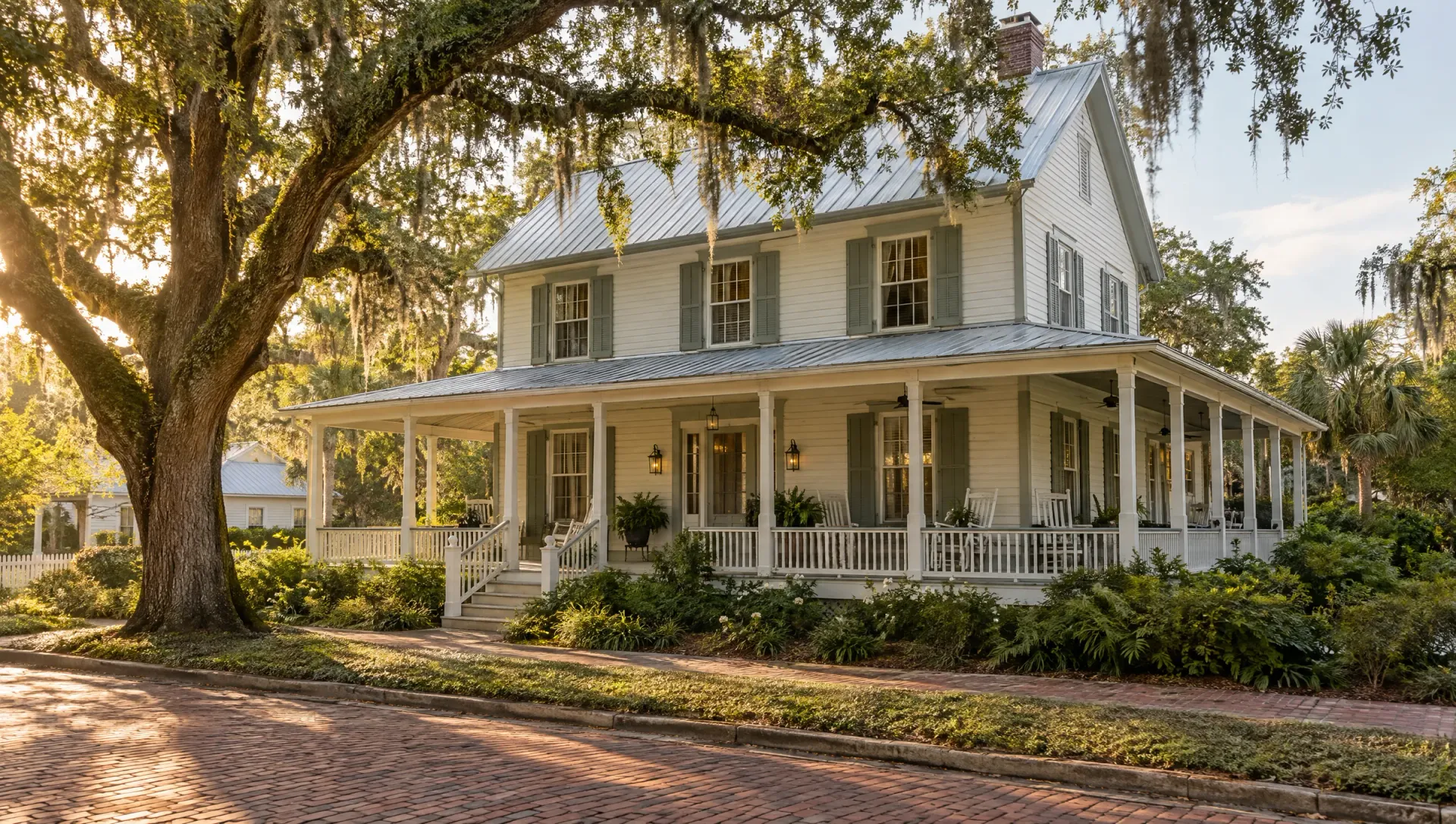 White two-story Old Florida farmhouse with a metal roof and wraparound porch on a brick street