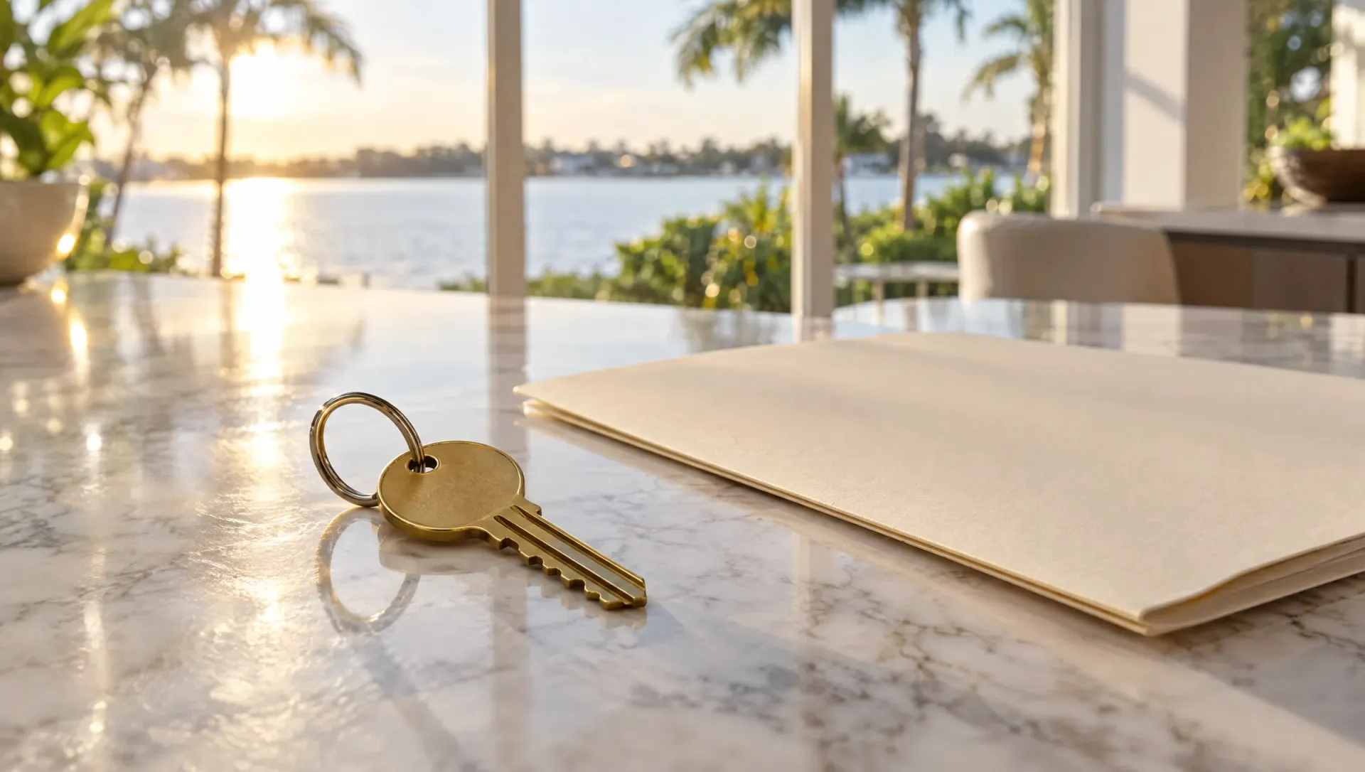 Brass house key beside a plain folder on a marble counter with a sunlit lake view